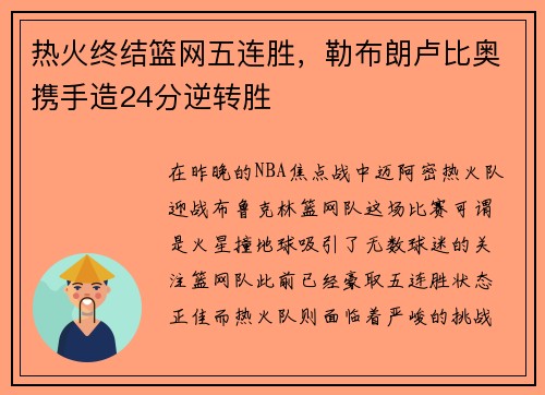 热火终结篮网五连胜，勒布朗卢比奥携手造24分逆转胜