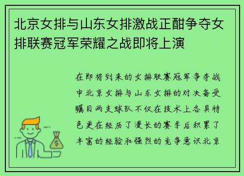 北京女排与山东女排激战正酣争夺女排联赛冠军荣耀之战即将上演